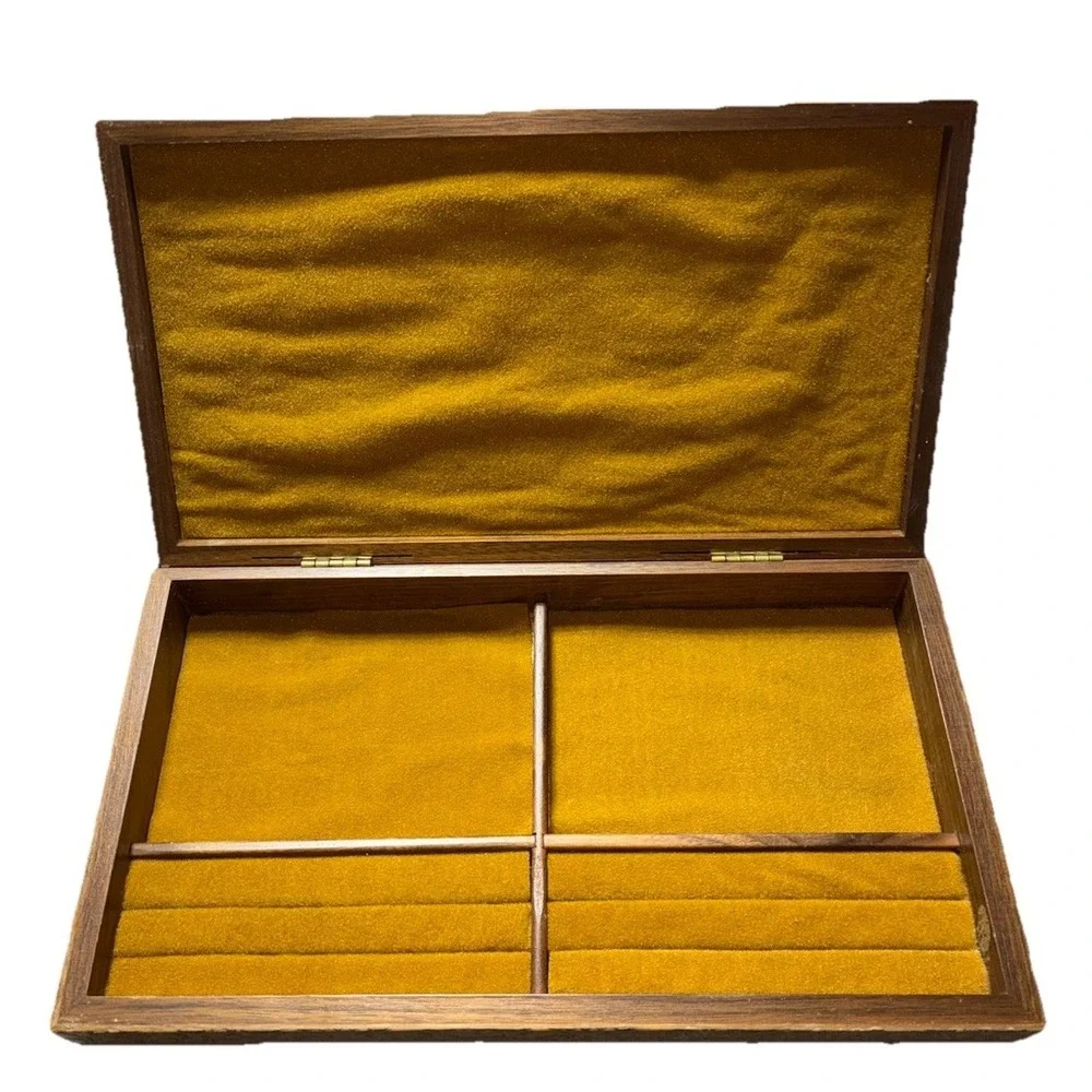 Jewelry Box Geometric Wood Carved Side Velvet Mustard Lining Vintage MCM *flaws